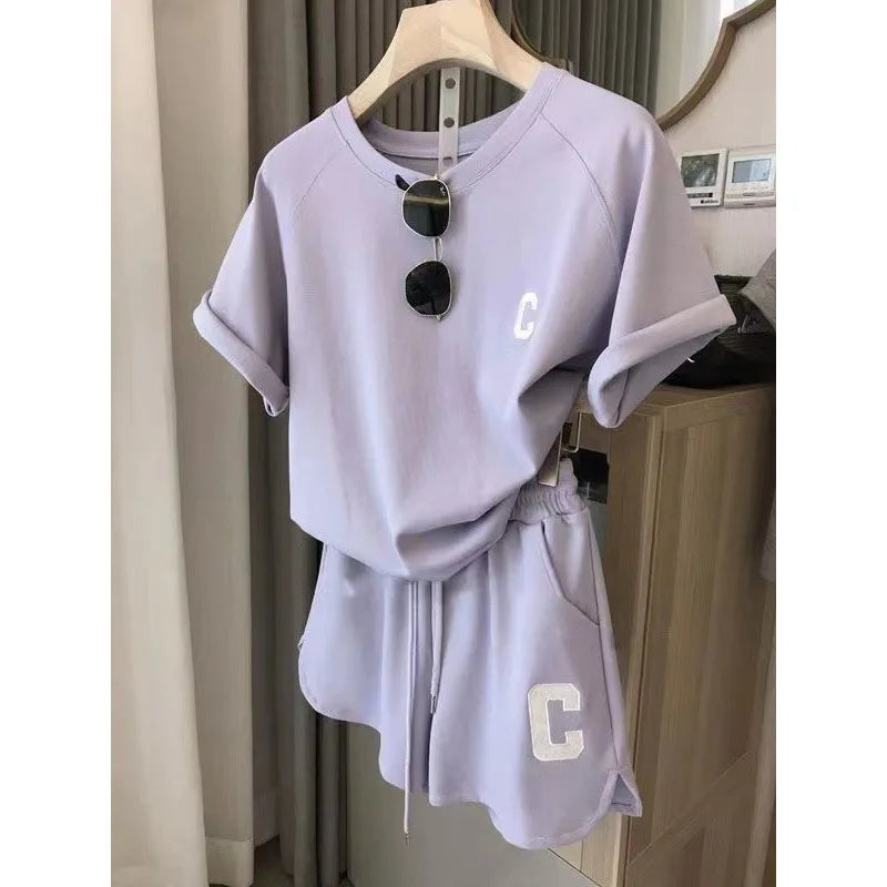 2-teiliges Set für Damen, Sommer, lockeres Kurzarm-T-Shirt, lässige Shorts, Sportdruck, Brief, Freizeitanzug, große Größe, kurzes Pyjama-Set.