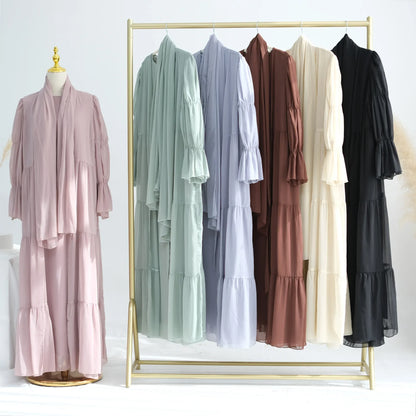 Chiffon Sheer Open Abaya Set Hijabi Muslim Women Party Ramadan Islamic Clothing  Dubai Turkey Kaftan Crepe Kimono Open Abayas.