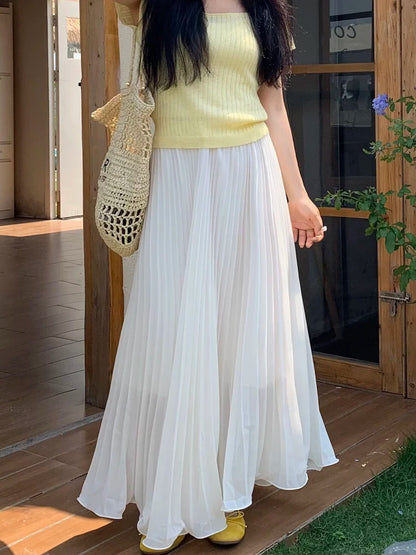 Women's Summer Elegant Pleated Elastic Waist Chiffon Long Skirt Lady High Waist A Line Streetwear Solid Color Skirt.