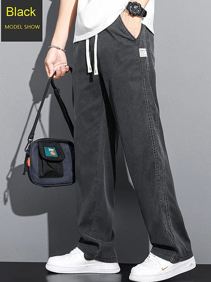 2024 Spring/Summer New Soft Lyocell Fabric Men's Jeans Thin Loose Straight Leg PantsDrawstring Elastic Waist Korean casual pants.