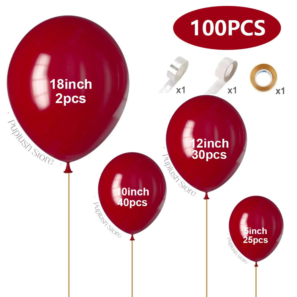 100 Stück dunkelburgunderrote Latexballons-Set, 5/10/12/18 Zoll dunkle weinrote Luftballons für Geburtstag, Weihnachten, Hochzeit, Party-Dekoration.