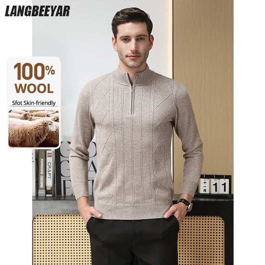 High End 100% Australia Wool Cashmere New Autum Winter Fashion Brand Casual Zip Up Men Pullover Knit Half Turtleneck Sweater.