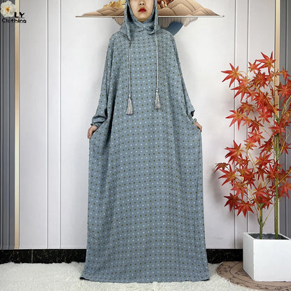 2024New Pure Cotton Ramadan Muslim Two-Hat Abaya Dubai Turkey Islam Prayer Clothes Loose Robe Islamic Women Traditional Clothing