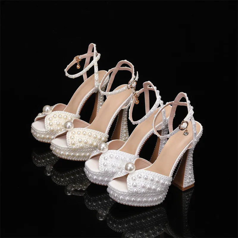 Summer Beaded Thick Heeled Women Gladiator Sandals Luxury Pearls Platform Wedges 14cm High heels Fashion Wedding Banquet Shoes.