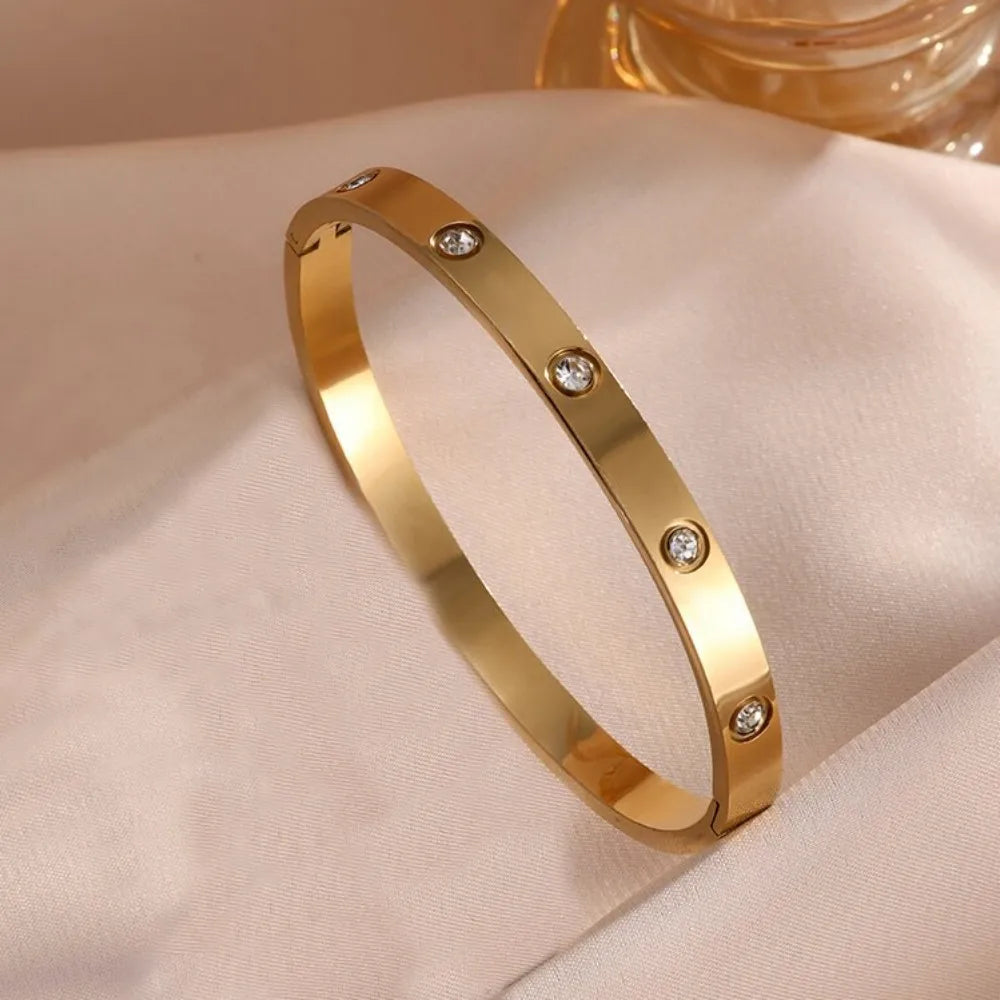 Titanium Steel Stacked Bracelet Couple's Shiny Zircon Inlaid Stainless Steel Bangles Gold Color Female Jewelry Gift.