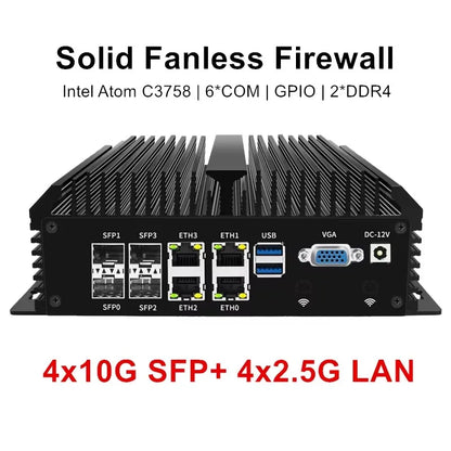 Fanless Mini Industrial PC Desktop Computer Atom C3758 4x10G SFP+ 4*LANs 4x Phoenix RS485 COM 2xDB9 RS232/485 COM Auto Power On.