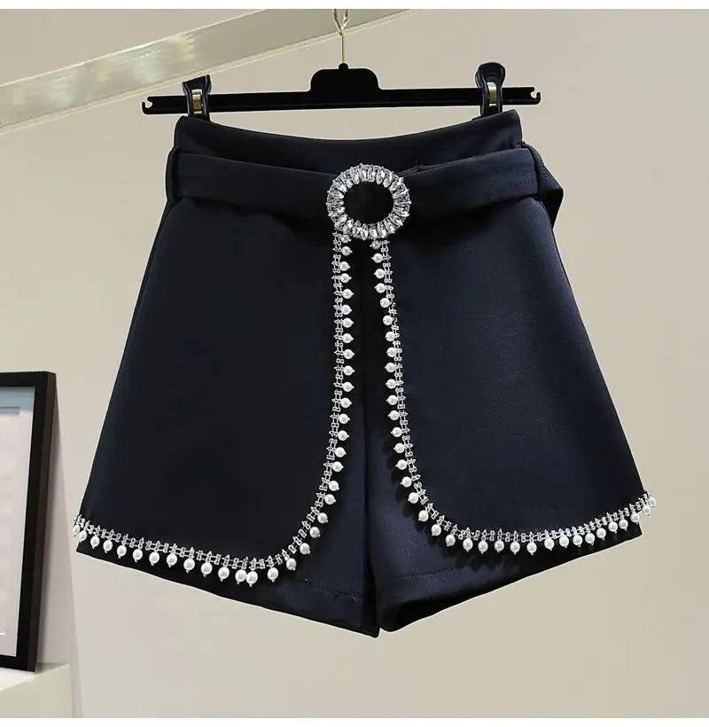 2025 Spring Summer New Simplicity Fashion Diamonds High Waist Shorts Women Clothes Fashion Patchwork Solid Color Wide Leg Pants.