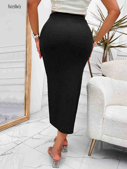 Fairyshely Sexy Black Knitted Long Skirt Women 2025 Summer Knot High Waist Midi Skirt Ladies Elegant Split Wrap Bodycon Skirt.