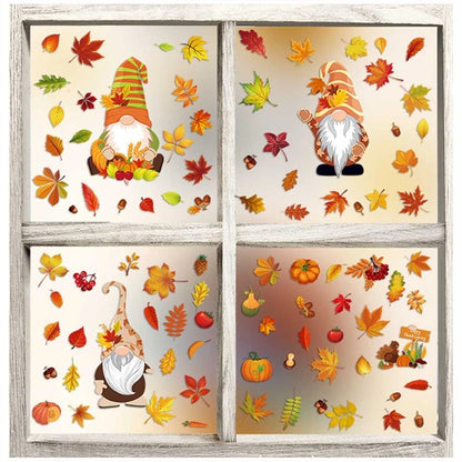 6 Sheets Autumn Thanksgiving Gnomes Window Clings Decal Fall Pumpkin Maple Leaf Electrostatic Stickers Wall Decor X3UC.