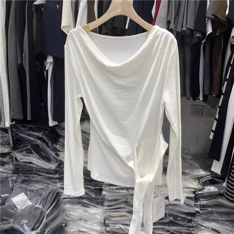 Women's Long Sleeve Striped T-Shirt Shoulder Baring Side Tie Base Shirt Versatile Autumn Fashion Design Cotton Top.