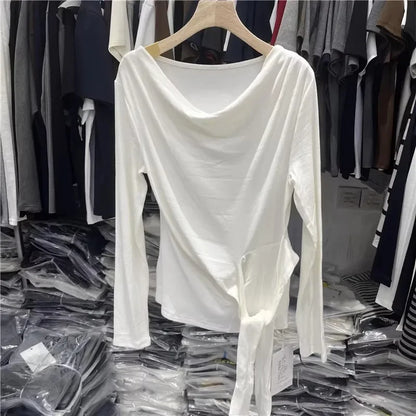 Women's Long Sleeve Striped T-Shirt Shoulder Baring Side Tie Base Shirt Versatile Autumn Fashion Design Cotton Top.