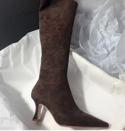 Women Stretch Modern Long Boots Fashion Pointed Toe Knee High Booties Designer High Heels Shoes.