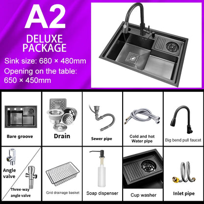 Stainless Steel Kitchen Sink Stepped Large Single Slot Wash Dish Vegetables Basin Multifunctional With Cup Washer Knife Holder