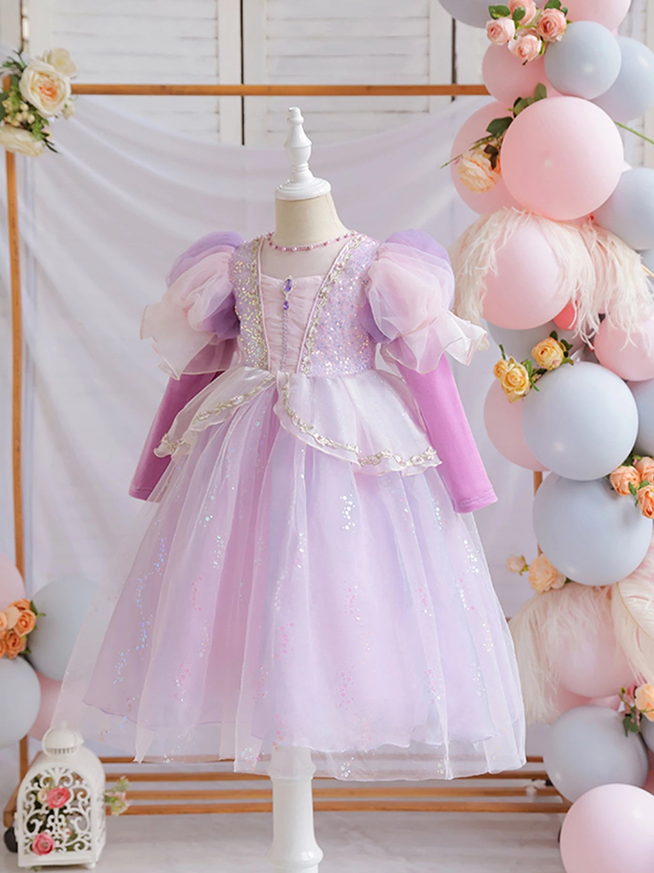 Wunderschönes Mädchenkleid, Puffärmel + lange Ärmel, Netzbedeckung, geeignet für Tänze, Partys, Auftritte, Host-Verkleidung