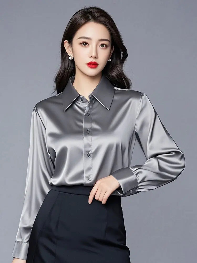 Elegant Silk Office Shirts Women Korean Fashion Y2k Clothes Slim Long Sleeve White Black Blusas Mujer Workwear Tops and Blouses