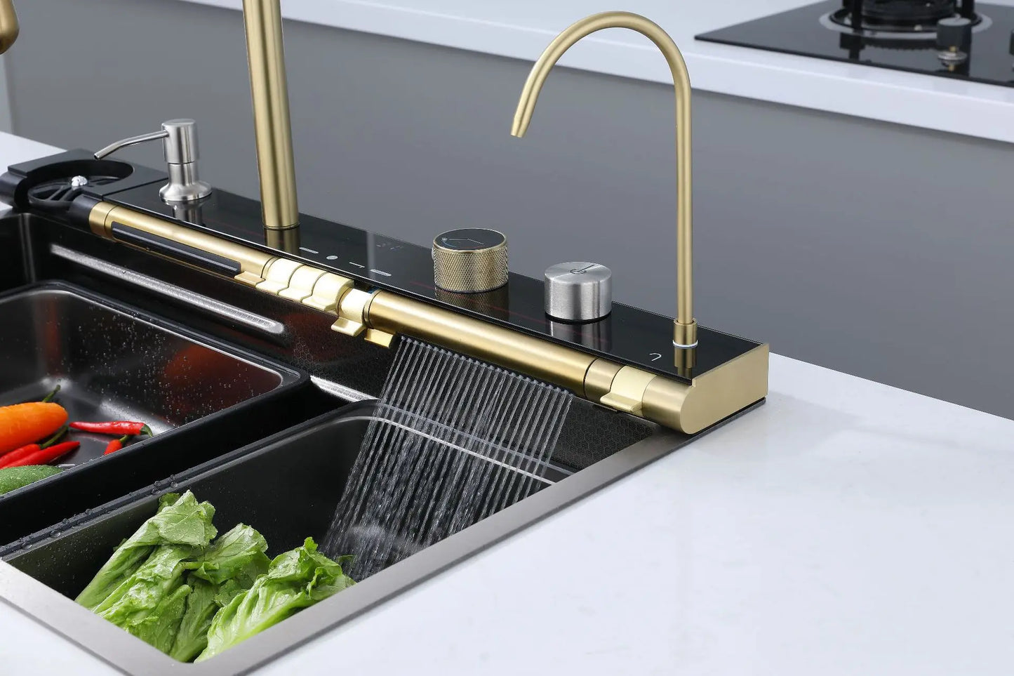 Golden Household Stainless Steel Waterfall Kitchen Sink MultiFunction Wash Vegetable and Dish Countertop Basin Large Single Slot