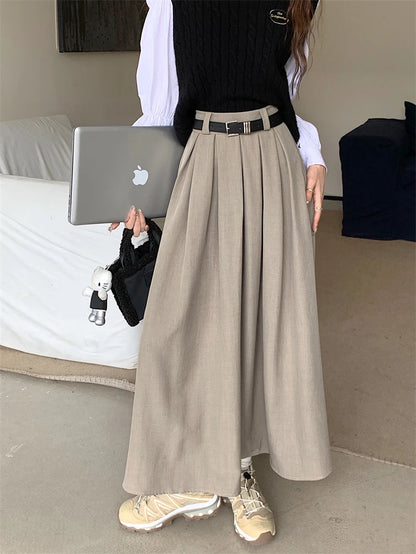2024 New Korean Skirt Women Solid Color Versatile Mid-length Pleated Skirt Large Swing Type Skirt Female Long Skirts for Women.