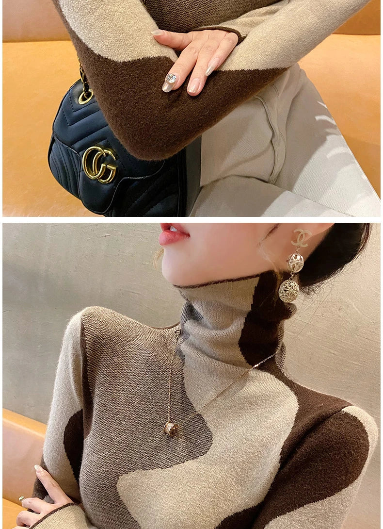Women Clothing Vintage Fashion Slim Turtleneck Sweaters Autumn Winter Elegant Chic Patchwork Knit Pullovers Office Lady Tops.