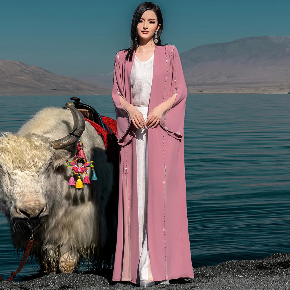 Eid Diamonds Abayas for Women 2025 Fashion Muslim Dress Dubai Open Abaya Kebaya Kimono Jalabiya Caftan Marocain Femme Robe Gown