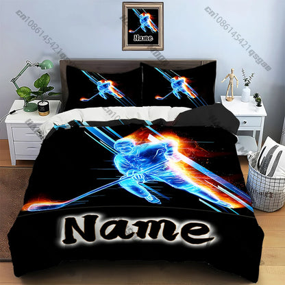 Stylish Ice Hockey Pattern Print Bedding Set Duvet Cover 1 Duvet Cover 2 Pillowcases Adult and Kids Bedding Set Luxury.