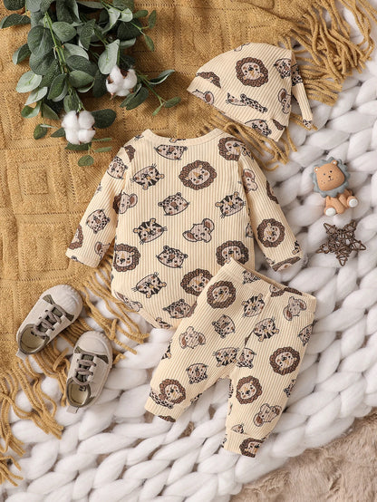 3Pcs Casual Neugeborenen Baby Junge Cartoon Tier Kleidung Set Langarm Body Top und Hosen + Hut.