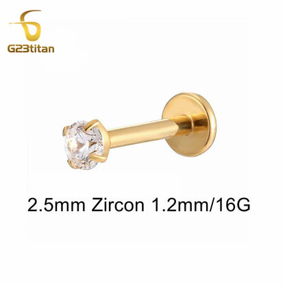 16G 18G Titanium Labret Stud Lip Ring Ear Helix Conch Trage Earring 2-4mm Zircon 0.9mm Internally Threaded Body Piercing Jewelry