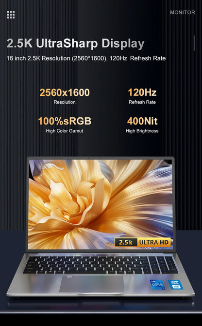 Laptop 16-inch 13th Gen Intel i7-13620H 32GB DDR4+1TB SSD 2.5K IPS 120Hz Face Unlock Notebook WiFi6 Gaming Computer.