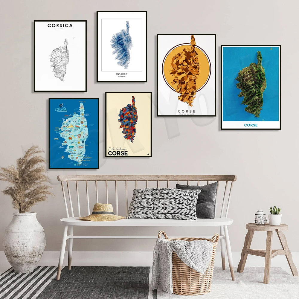 Corsica topographic map print, Corsica cities, France Corsica map print, road map art poster modern wall art decor.