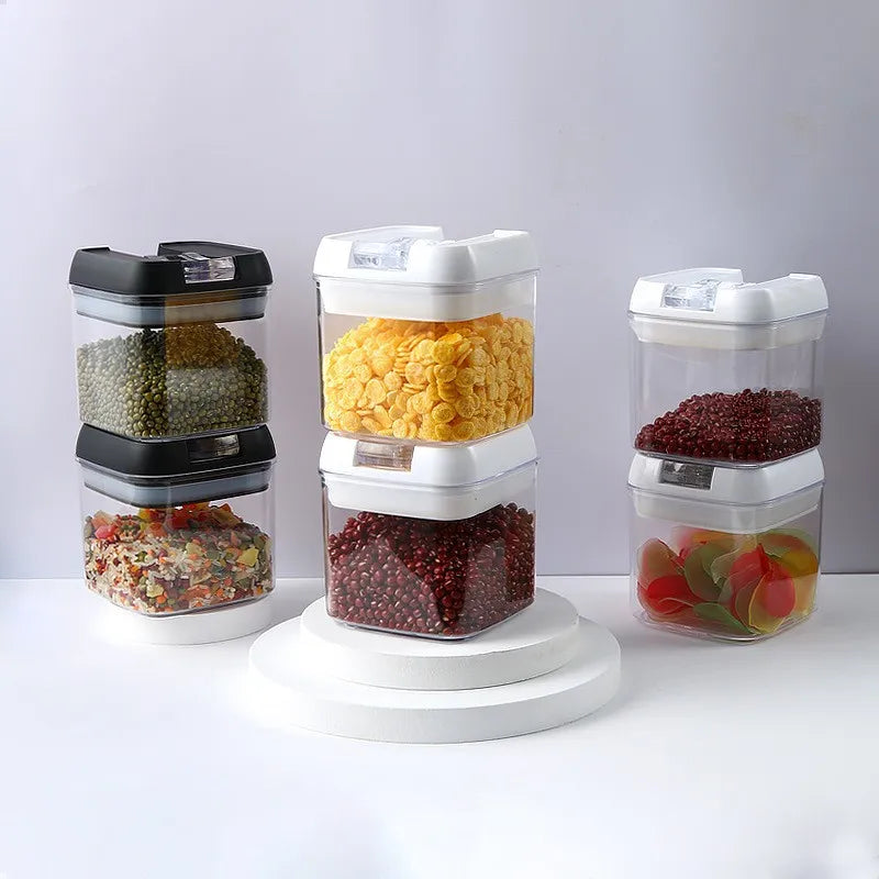 Kitchen Plastic Container Organizer Moisture-Proof Sealed Tank Square Transparent Grain Storage Jar Dried Fruit Snack Box Cans