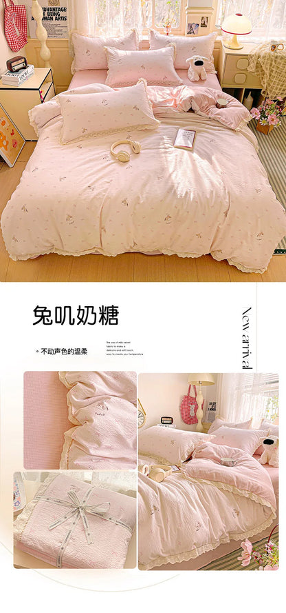 2025 new small fresh printing French lace lace double four-piece set bedding wrinkled yarn student three-piece set