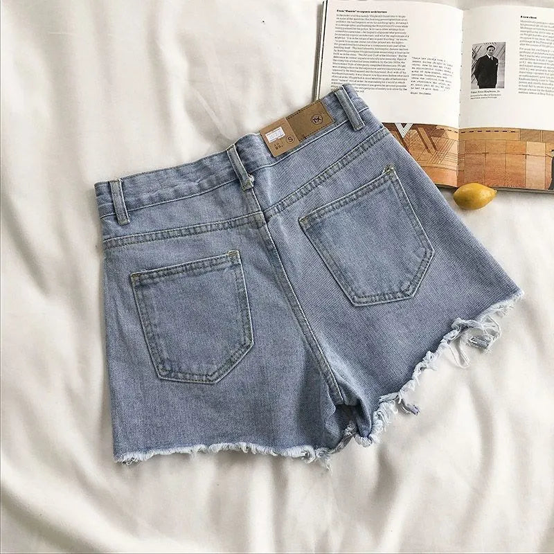 Korean Denim Shorts Women Summer Fashion Casual High Waist Ripped Jeans Pocket Tassel Y2K Hot Pants Streetwear Blue Trousers.