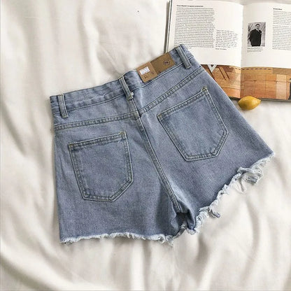 Korean Denim Shorts Women Summer Fashion Casual High Waist Ripped Jeans Pocket Tassel Y2K Hot Pants Streetwear Blue Trousers.