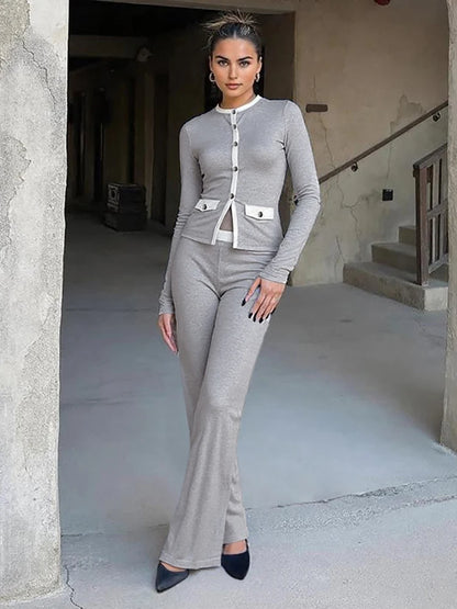 Sisterlinda Classic Street 2 Piece Set Autumn Daily Panelled Trim Full Sleeve Single Breasted Tops+Slim Pants Female Casual Suit.