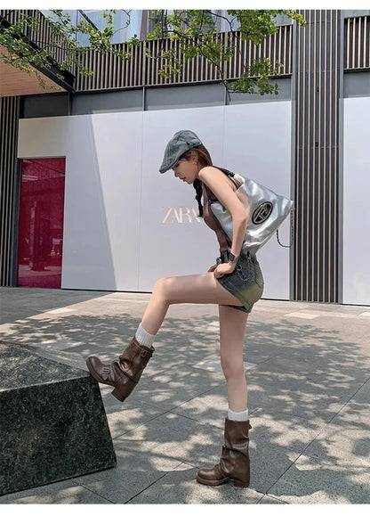 Pleated Buckle Knight Boots for Women Autumn Brown PU Leather Mid Calf Boots Woman Slip-On Thick Heel Riding Botas Mujer 2024.