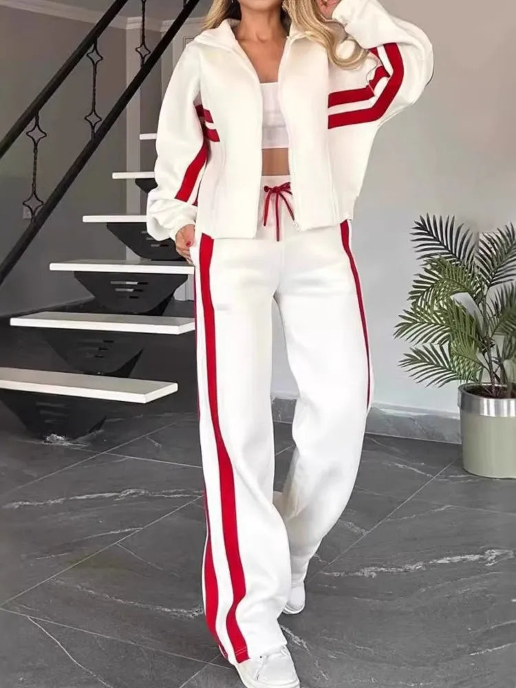 Fashion Striped Hoodie Set For Women Casual Long Sleeve Zip Tops+High Waist Wide Leg Pants 2 Piece Sets Lady Y2k Sports Clothes.