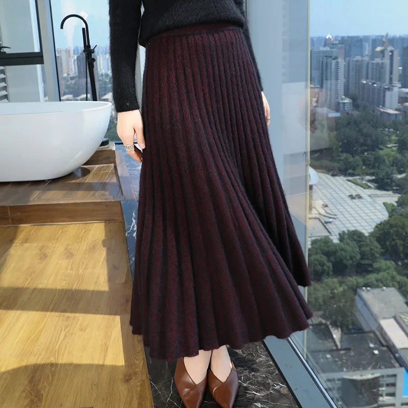 mink cashmere skirt Fashion long dress women A-line skirt autumn winter loose pleated skirt elegant high-waisted skirt ladies