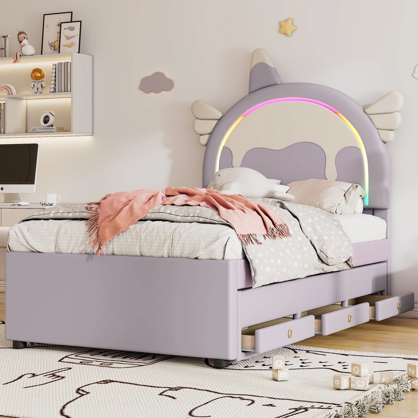 Merax Kinderbett 90x200 cm Einhorn Design mit Ausziehbett PU Material Violett