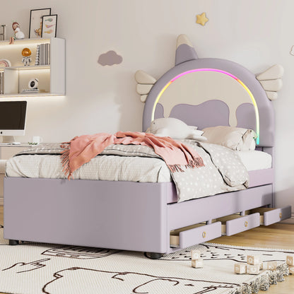 Merax Kinderbett 90x200 cm Einhorn Design mit Ausziehbett PU Material Violett