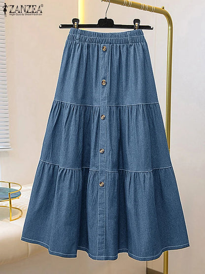 Autumn Elastic Waist Solid Skirts ZANZEA Fashion Women Denim Blue Skirt Elegant A-line Work Overskirts Casual Loose Holiday Jupe.