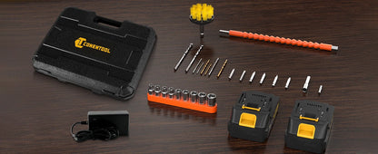 CONENTOOL 28+3 Drehmoment Elektrischer Bohrschrauber Bürstenloser kabelloser Akku-Bohrschrauber 2 Batterien Multifunktionales 27-teiliges Set