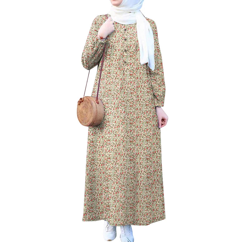 ZANZEA Islamic Women Floral Print Maxi Dress Long Sleeve Loose Casual Abaya Robes 2025 Spring Muslim Hijab O Neck Kaftan Dresses.