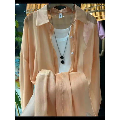 1pcs Woman Four Seasons Shirt Lady Thin Sunscreen Shirts Female Casual Long Sleeve Turn-down Collar Loose Med-Length Style Tops