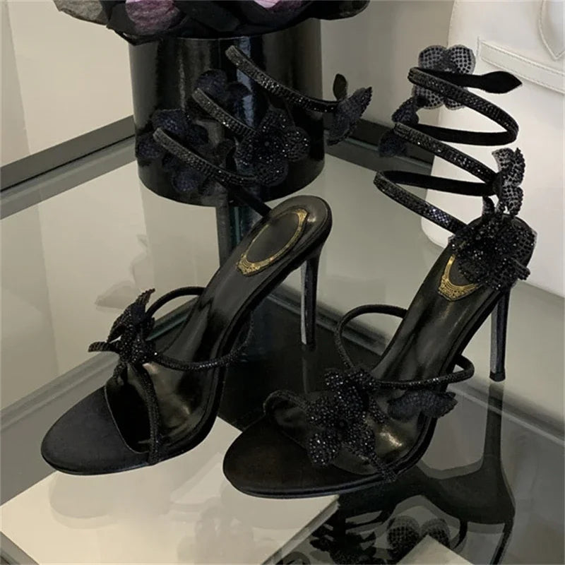 Aneikeh Street Style CRYSTAL Narrow Band Thin High Heels Women Sandals 2026 Summer Open Toe Ankle Strap Female Shoes.