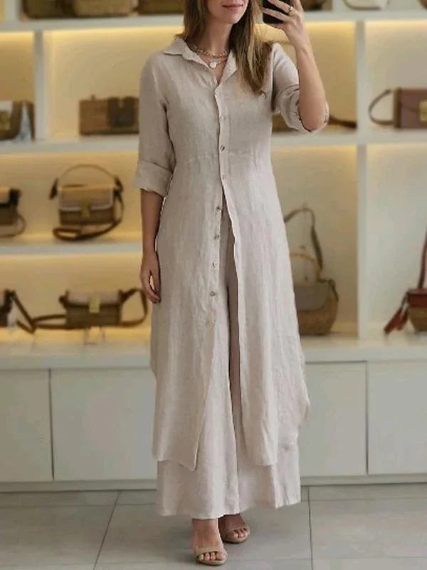 Spring Autumn Cotton Linen Loose 2 Piece Sets Casual Button Long Sleeved Women Outfit Elegant High Waist Wide Leg Pants Set Suit.