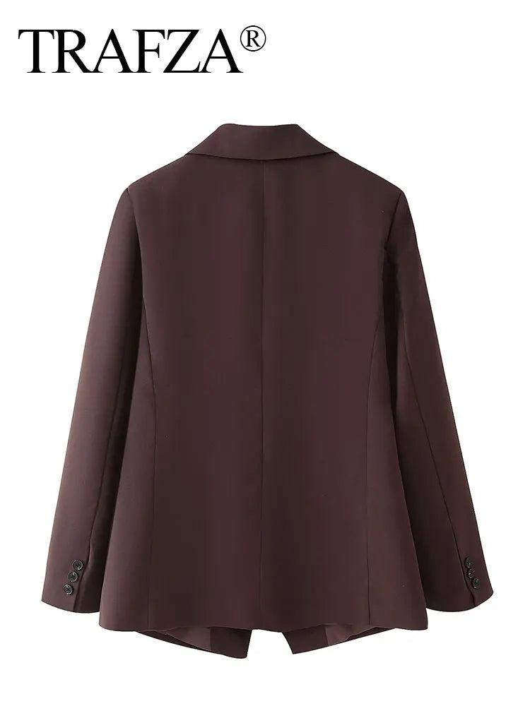 TRAFZA Frauen Elegante Feste Revers Zwei Tasten Anzug Jacke Mode Lange Hülse Dünne Kurze Mäntel 2024 Neue Casual Büro Dame Blazer