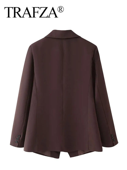 TRAFZA Frauen Elegante Feste Revers Zwei Tasten Anzug Jacke Mode Lange Hülse Dünne Kurze Mäntel 2024 Neue Casual Büro Dame Blazer