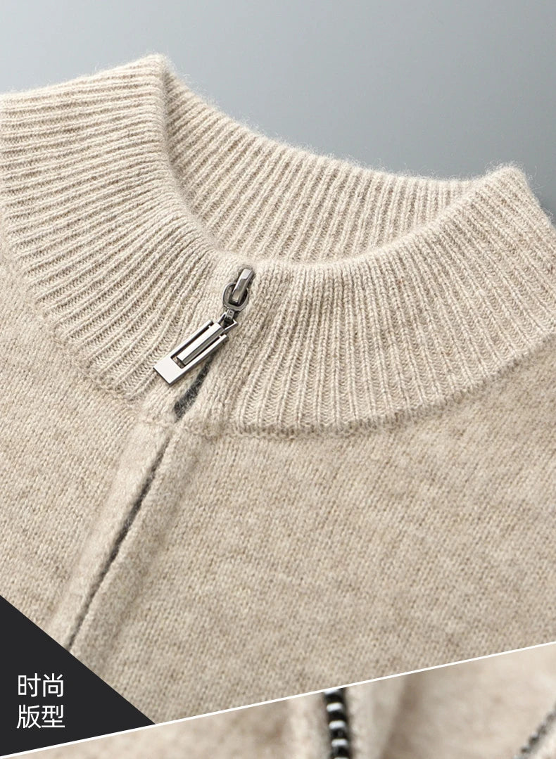 100% Merino Wool Men's Warm Sweater Mock Collar Thickened Zippered Cardigan Autumn Winter New Cashmere Knitted Long Sleeve Tops.