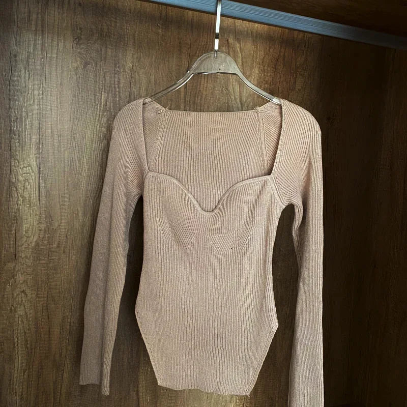 Quadrat Kragen Langarm Frau Pullover Gestrickte Pullover Frauen Frühling Herbst Pullover Winter Tops Für Frauen Schwarz Weiß Jumper