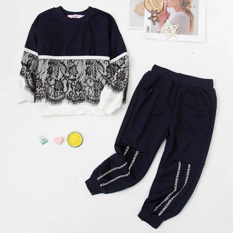 LZH Spring Autumn Girls Sports Suits Children Clothing Toddler Clothes Lace Warm Hooded Costume Outfit Kids Tracksuit Sets 3-8Y.