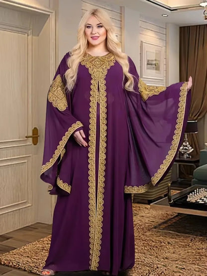 Partykleider für Frauen, Abaya, muslimischer Kaftan, 2-teiliges Set, Eid-Flare-Ärmel, Robe, bestickt, goldene Spitzenkleid, Anzug, Jalabiya Ramadan
